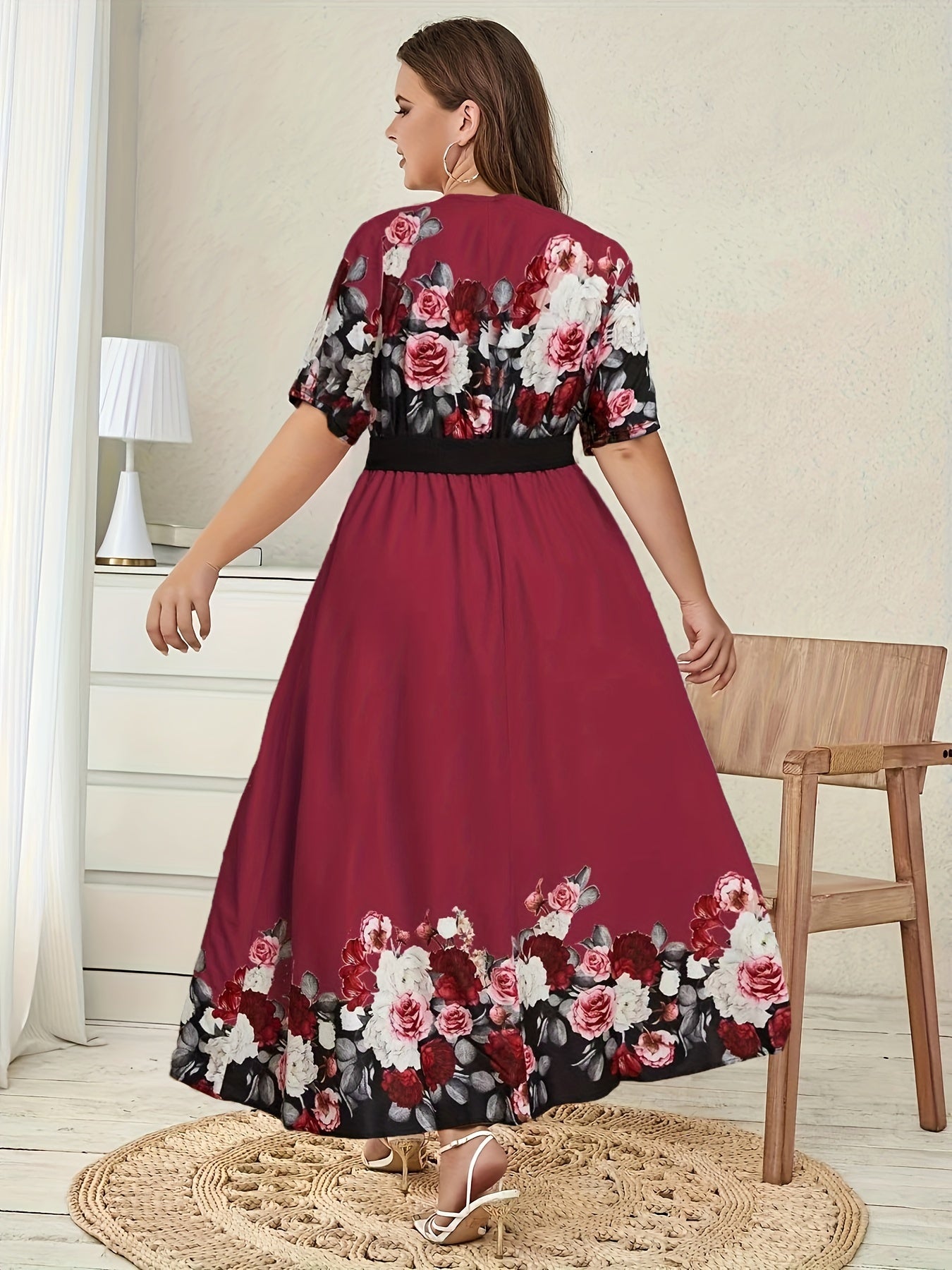  Floral Print Short Sleeve Maxi Dress