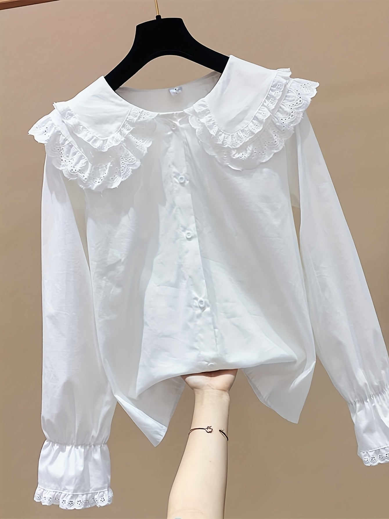 Girls Sweet Shirt Lace Fringe Collar Button Down Preppy Blouse Top
