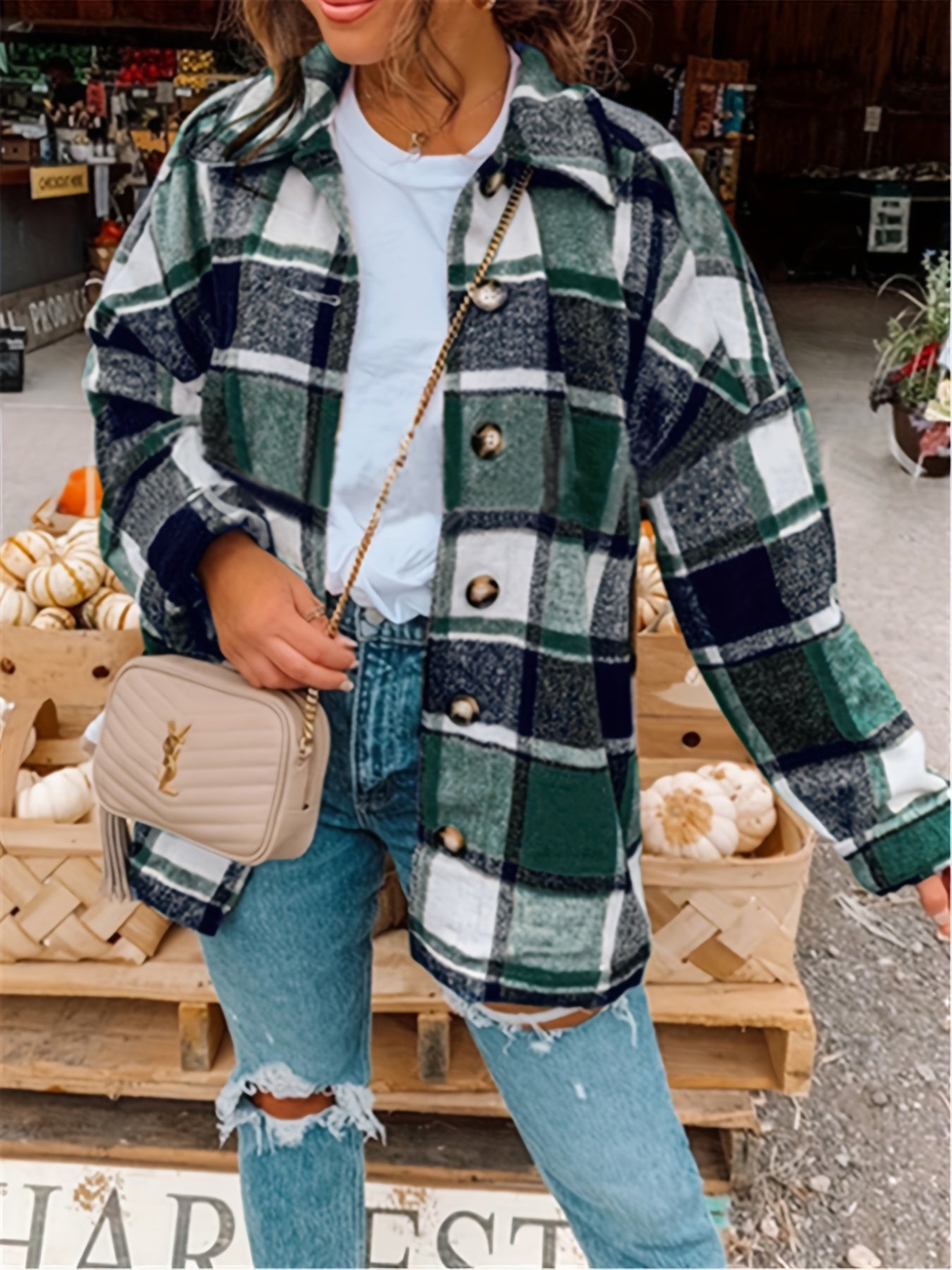  Plaid Print Long Sleeve Button Up Blouse