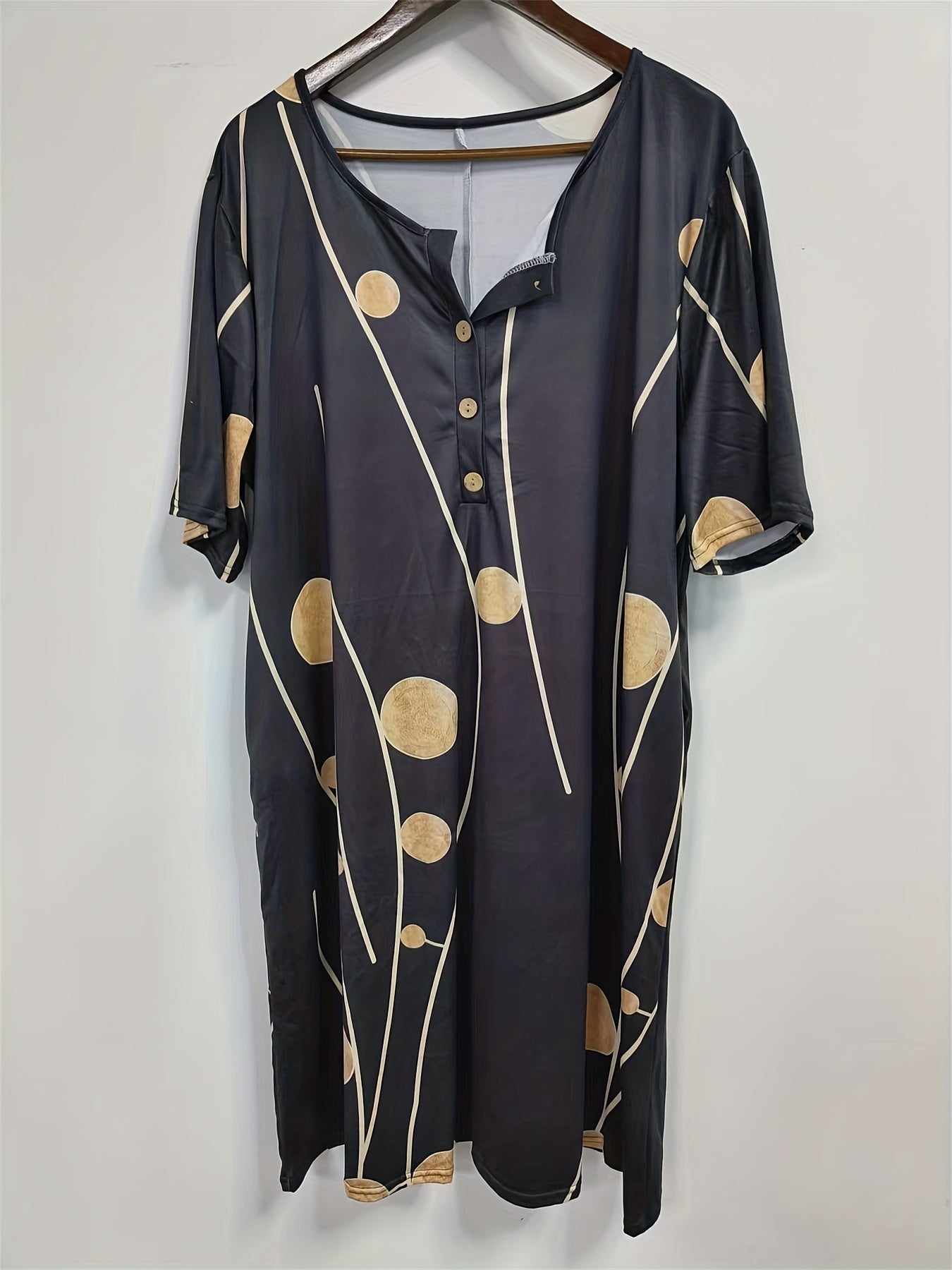  Stripe & Dots Print V Neck Dress with Pockets