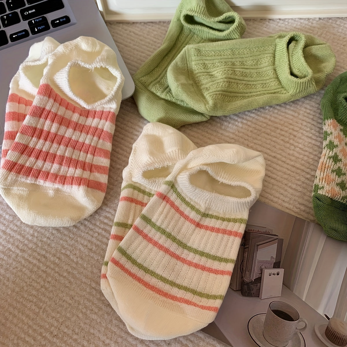 4 Pairs Striped Ankle Socks Soft & Lightweight Low Cut Stockings