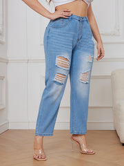  Ripped Button Fly High Waisted Washed Jeans