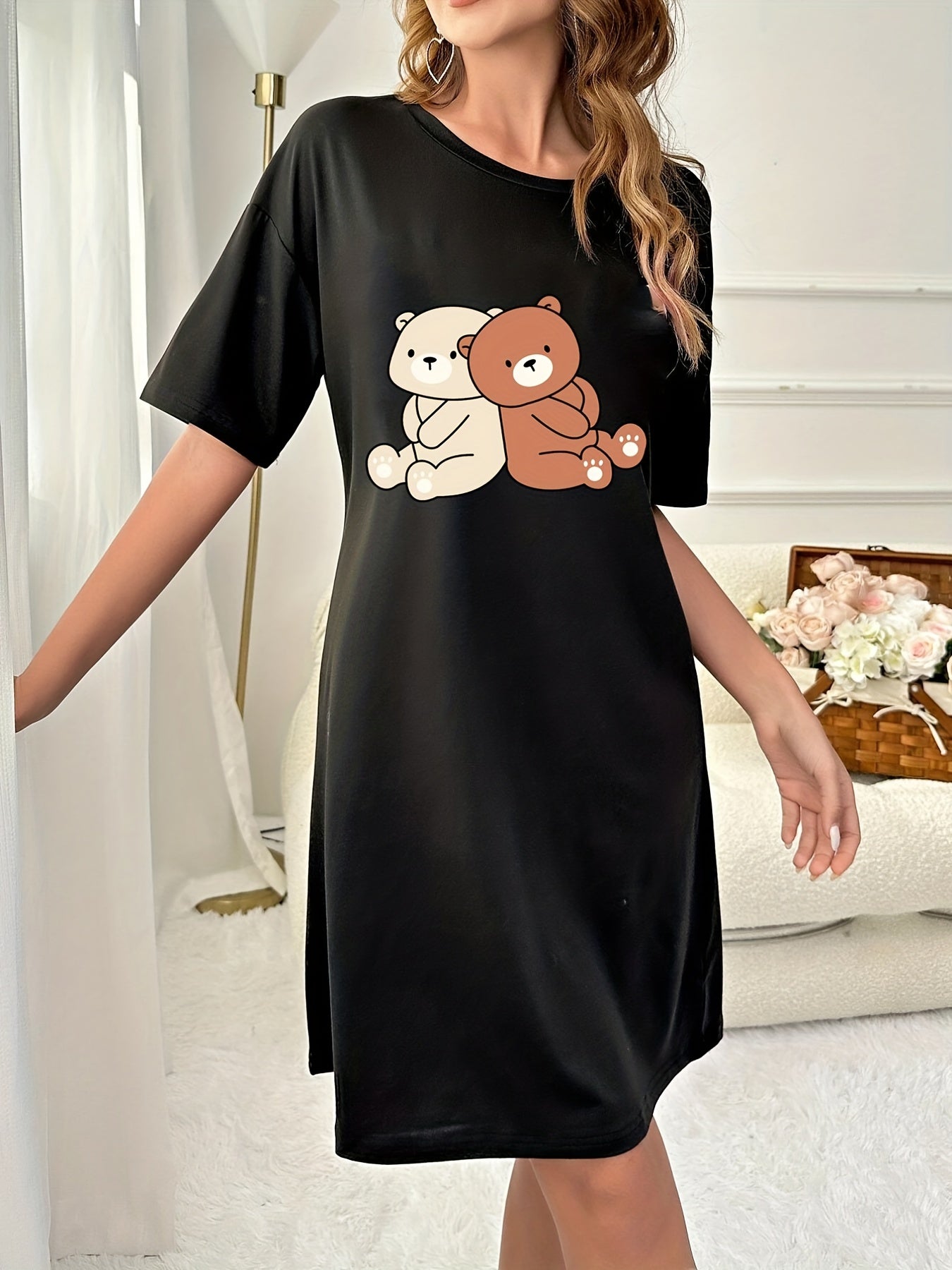 Bear Print NightDress Short Sleeve Pajama Dress