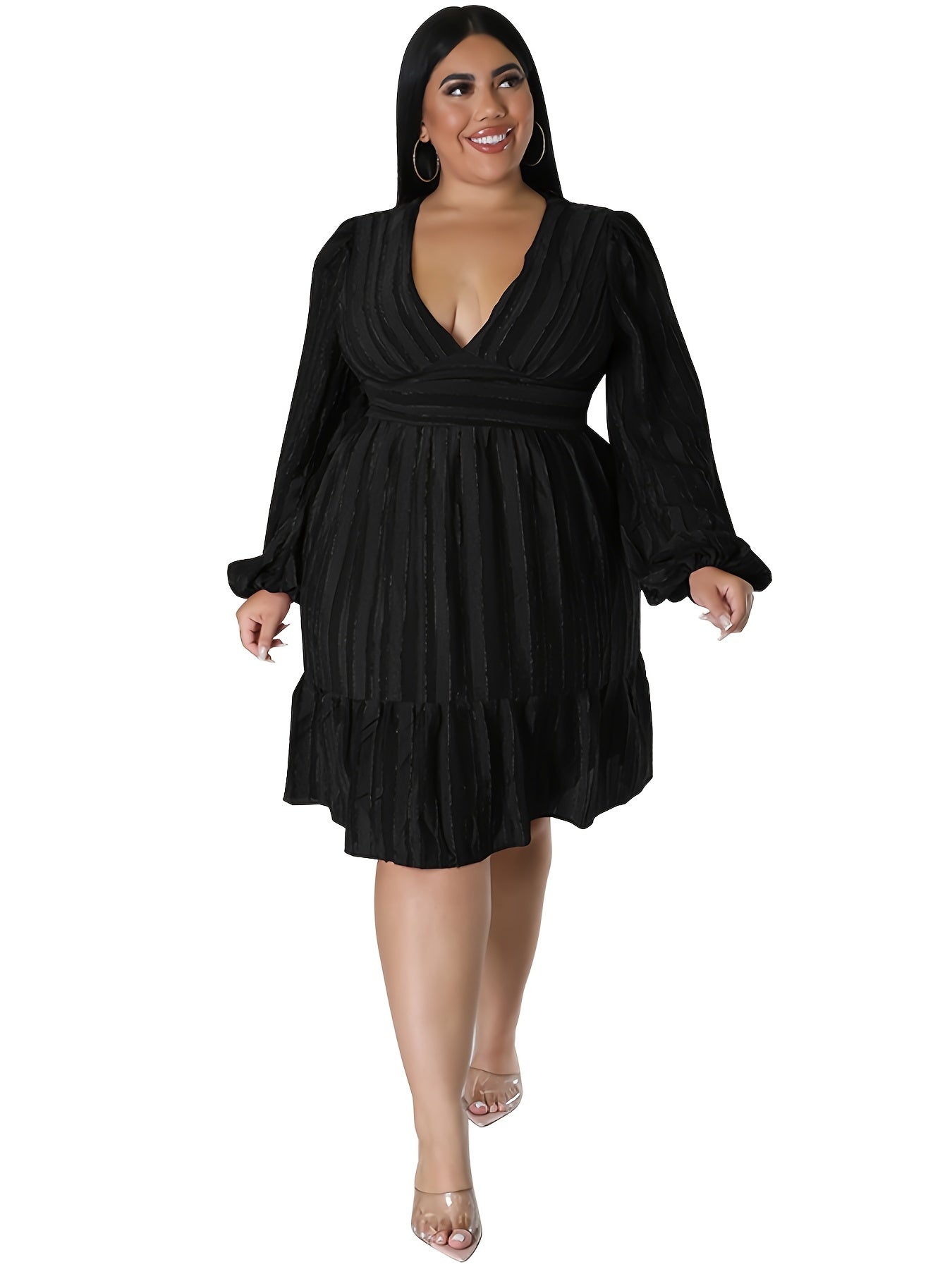  Strip Print Midi Dress Women's Plus Pleated Dress