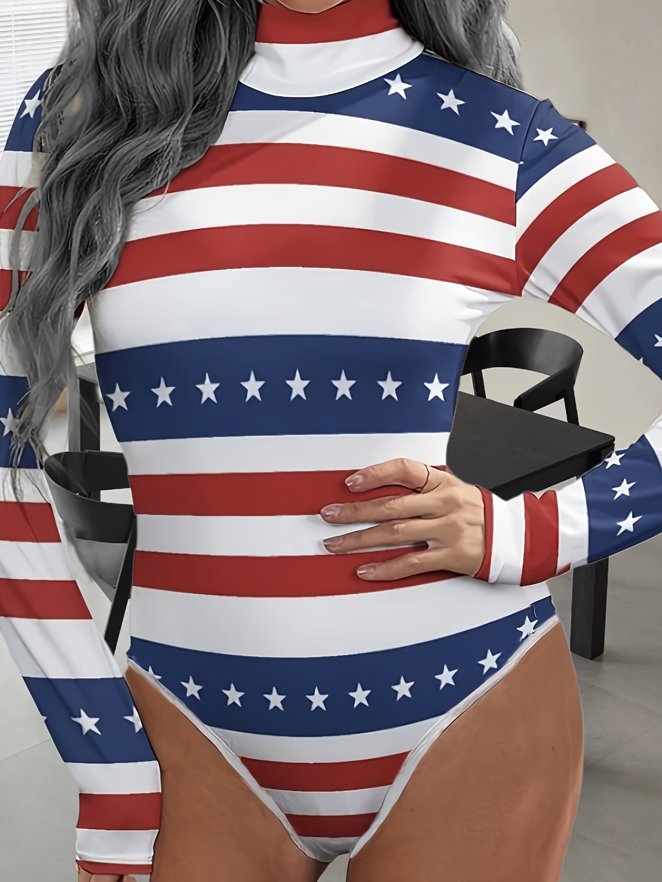  Women's Star & Stripe Print Long Sleeve Mock Neck Bodysuit