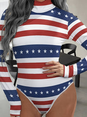  Women's Star & Stripe Print Long Sleeve Mock Neck Bodysuit