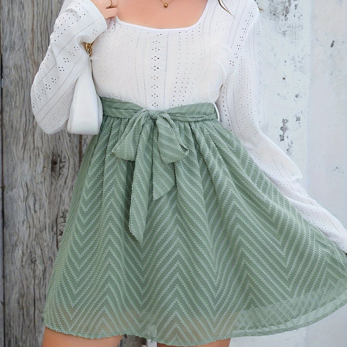  Colorblock Chevron Print Dress With Embroidery
