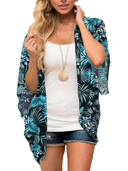  Tropical Print Short Sleeve Open Front Cardigan