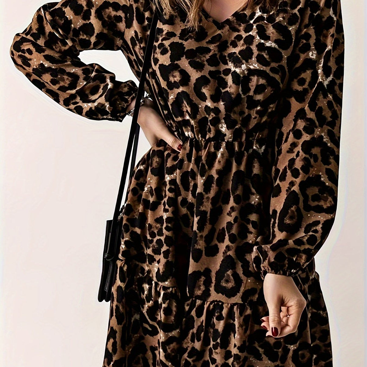 Leopard Print V Neck Smock Dress