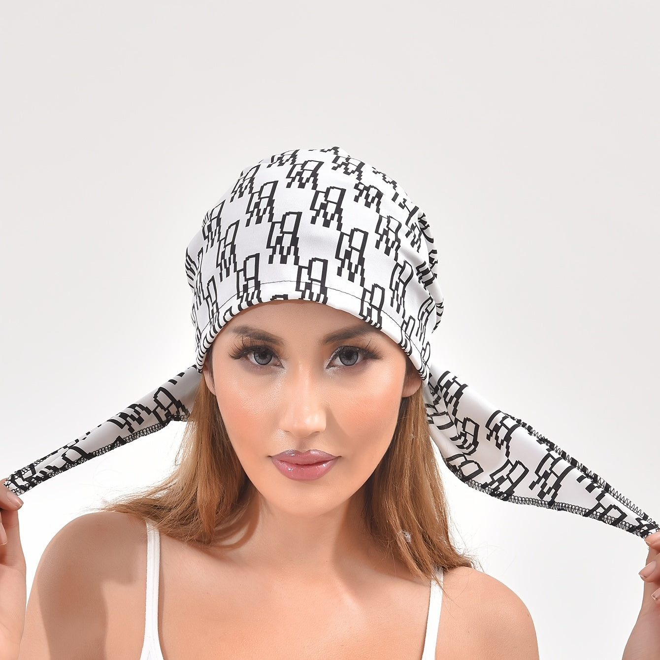 Geometric Print Turban Hat Hair Cap Lightweight Ribbon Long Hair Bonnet