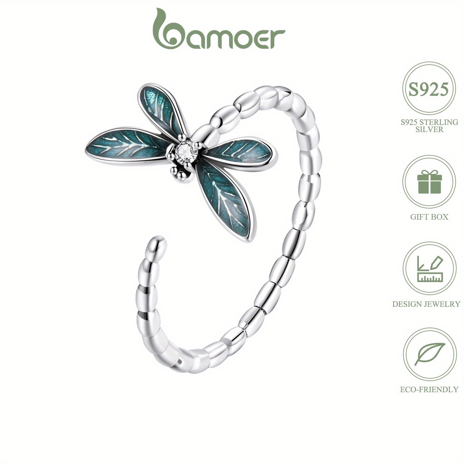 925 Silver Dragonfly Zircon Ring Adjustable Cuff Jewelry