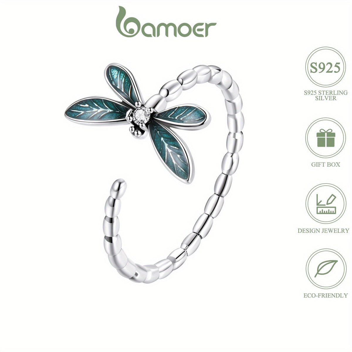 925 Silver Dragonfly Zircon Ring Adjustable Cuff Jewelry