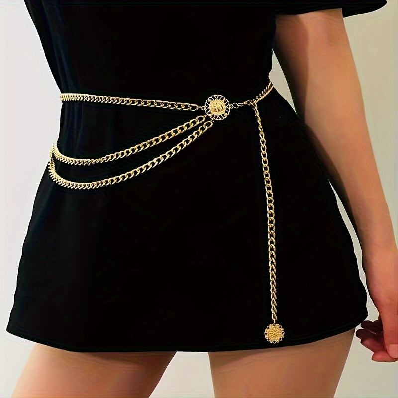 Boho Tassel Waist Chain Belt w/ Sun Pendant, Adjustable Elastic for Women