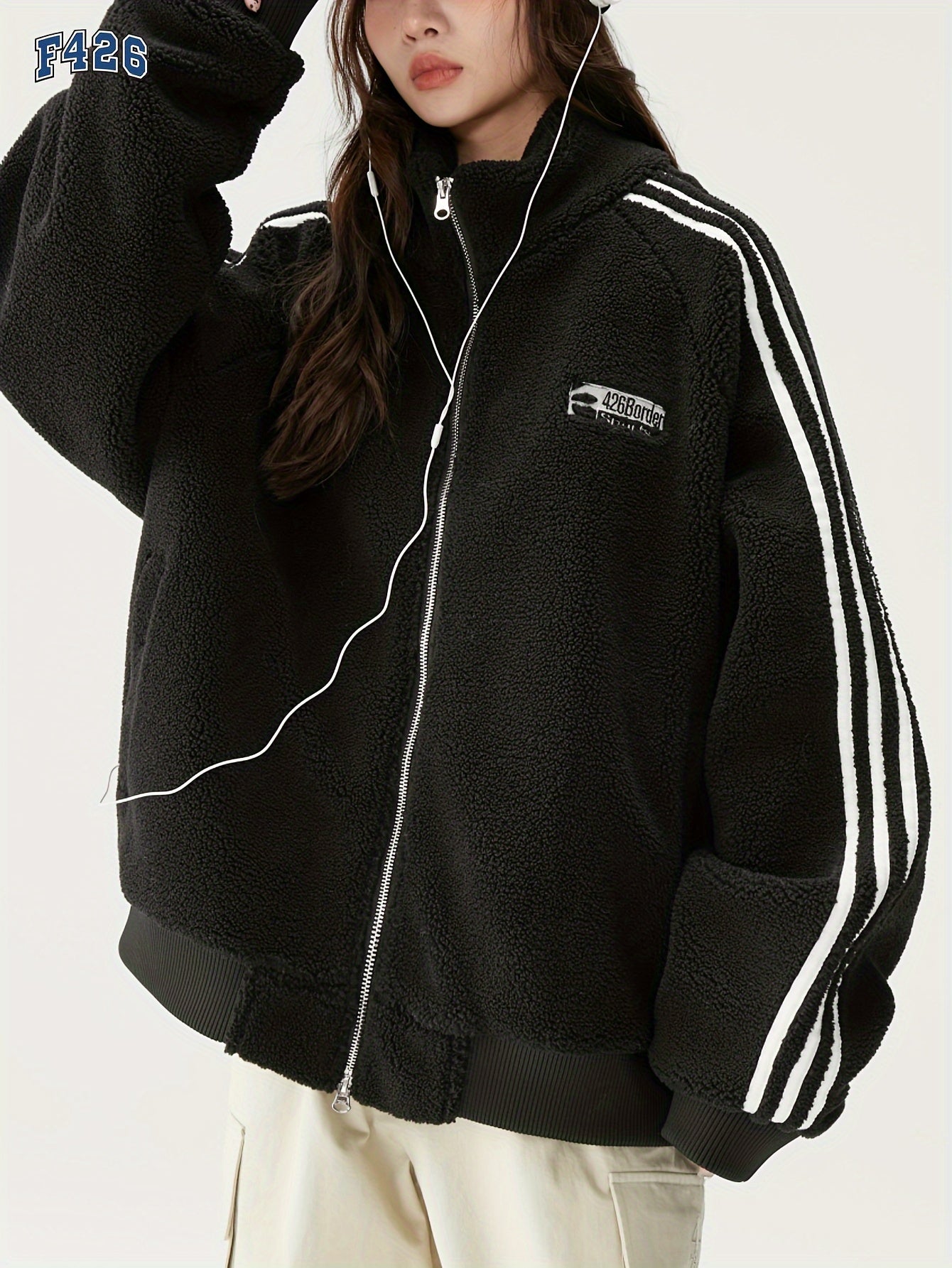 Graphic Stand up Collar Teddy Coat Zip Front Jacket