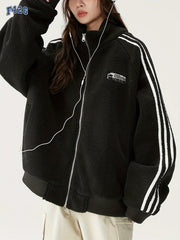 Graphic Stand up Collar Teddy Coat Zip Front Jacket