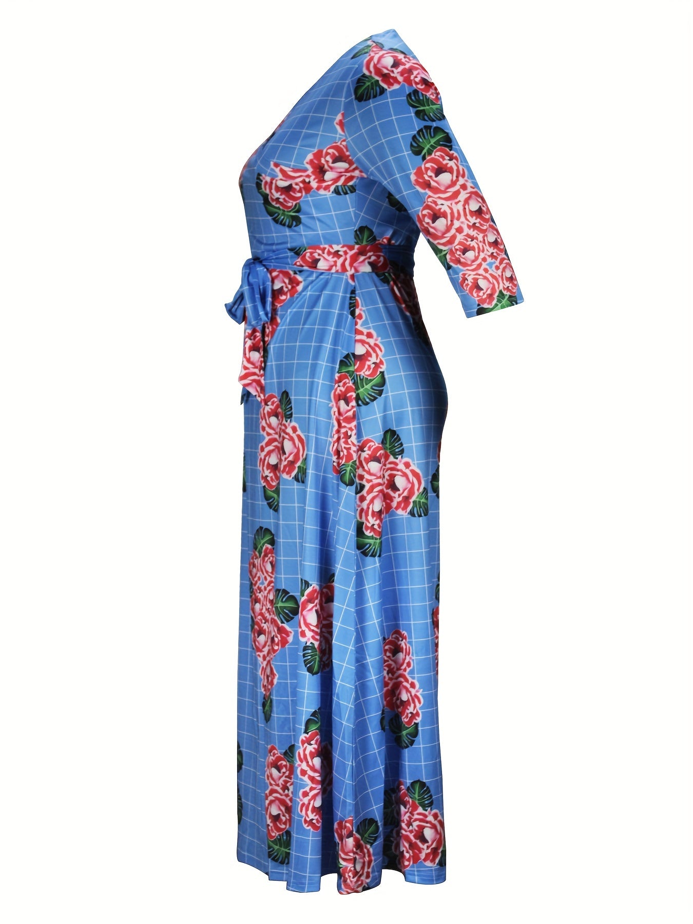  Floral & Grid Print Side Knot Sleeve Maxi Dress
