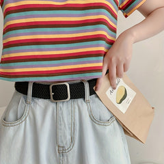 Elastic Woven Canvas Belt Men Women Casual Square Buckle