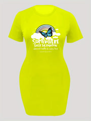  Rainbow Butterfly Slogan Short Sleeve Dress