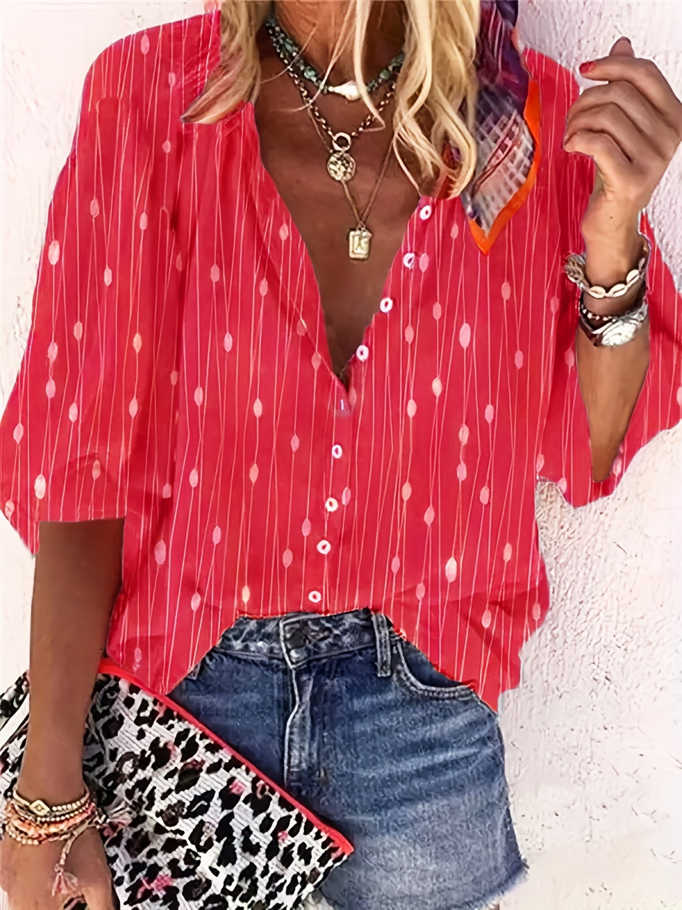  Boho Blouse Women's Plus Dot & Stripe Print Half Sleeve Button Up
