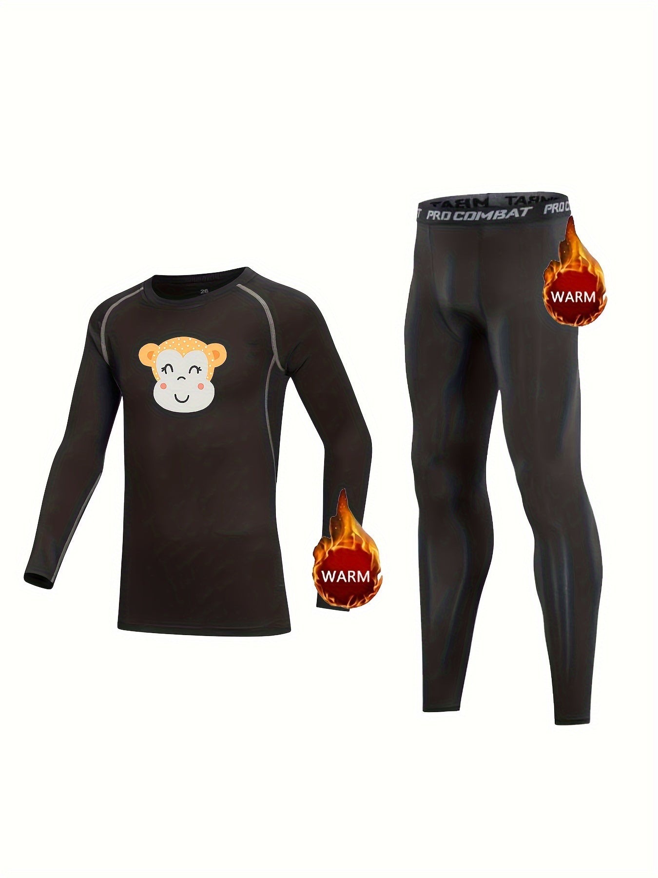 2pcs Kids Compression Fleece Sets - Monkey Pattern Crew Neck Pullover