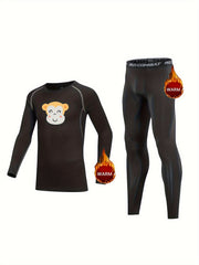 2pcs Kids Compression Fleece Sets - Monkey Pattern Crew Neck Pullover