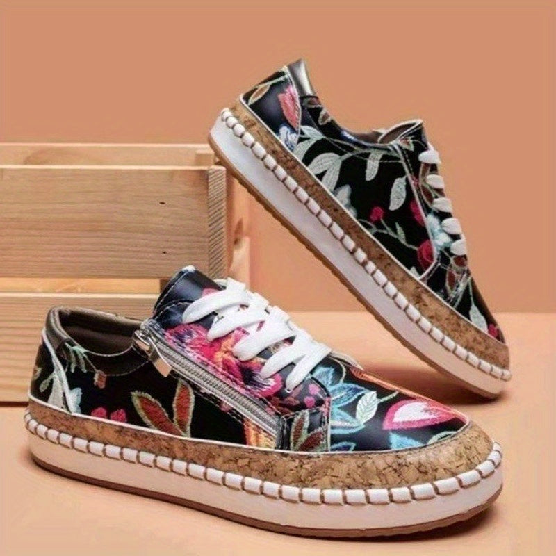 Women's Side Zipper Flat Shoes Lightweight Lace Up Outdoor Shoes