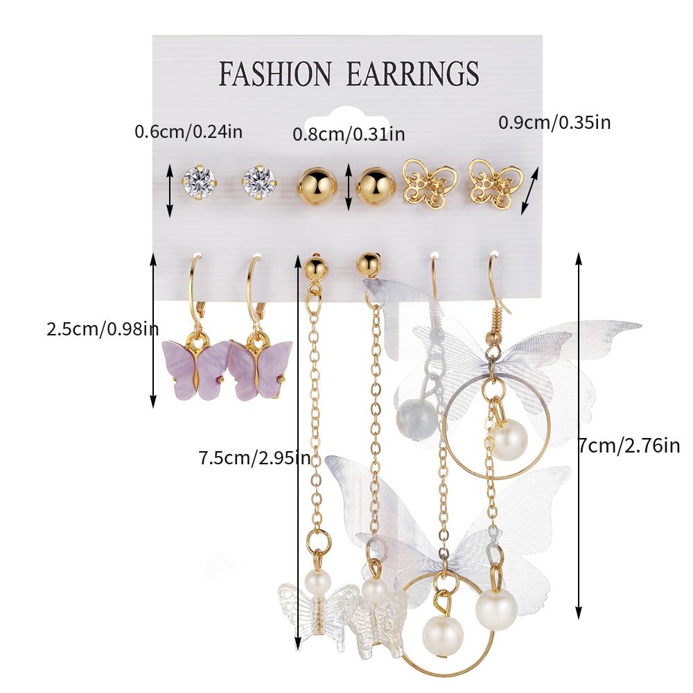 6 Pairs Butterfly Pearl Earrings Set