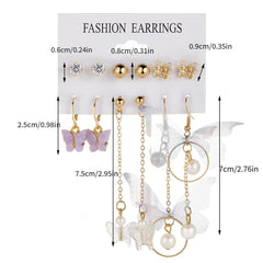 6 Pairs Butterfly Pearl Earrings Set