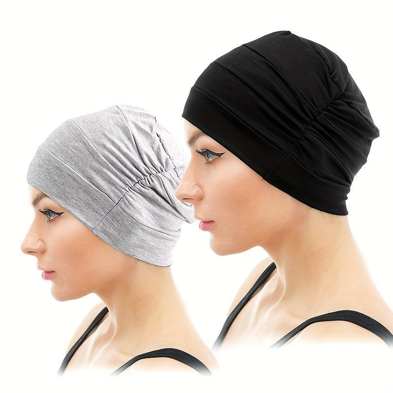 2pcs Ruched Turban Solid Inner Cap Lightweight Head Wrap Underscarf Beanie Cap