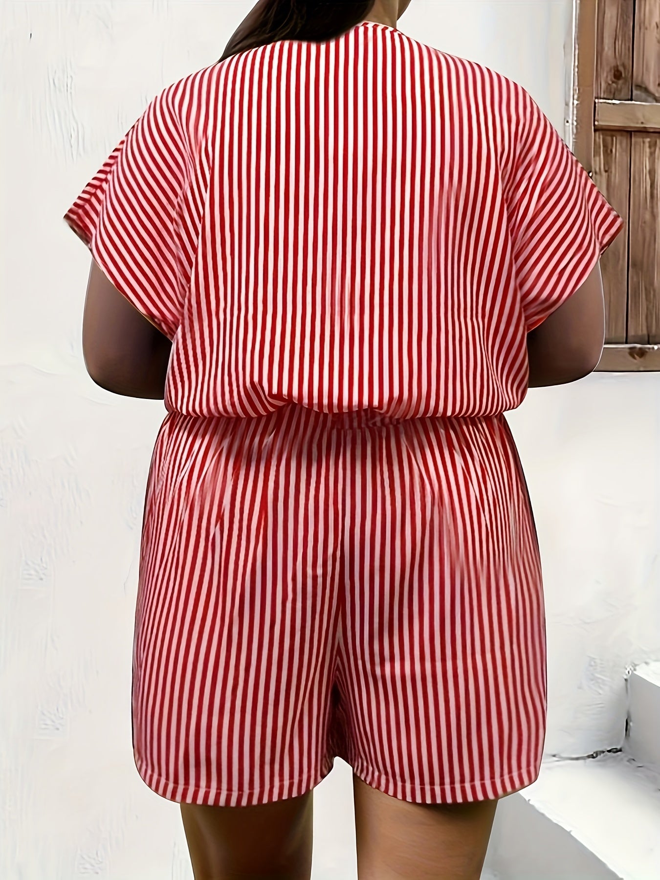 Stripe Print Batwing Sleeve Surplice Neck Romper