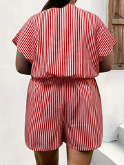  Stripe Print Batwing Sleeve Surplice Neck Romper