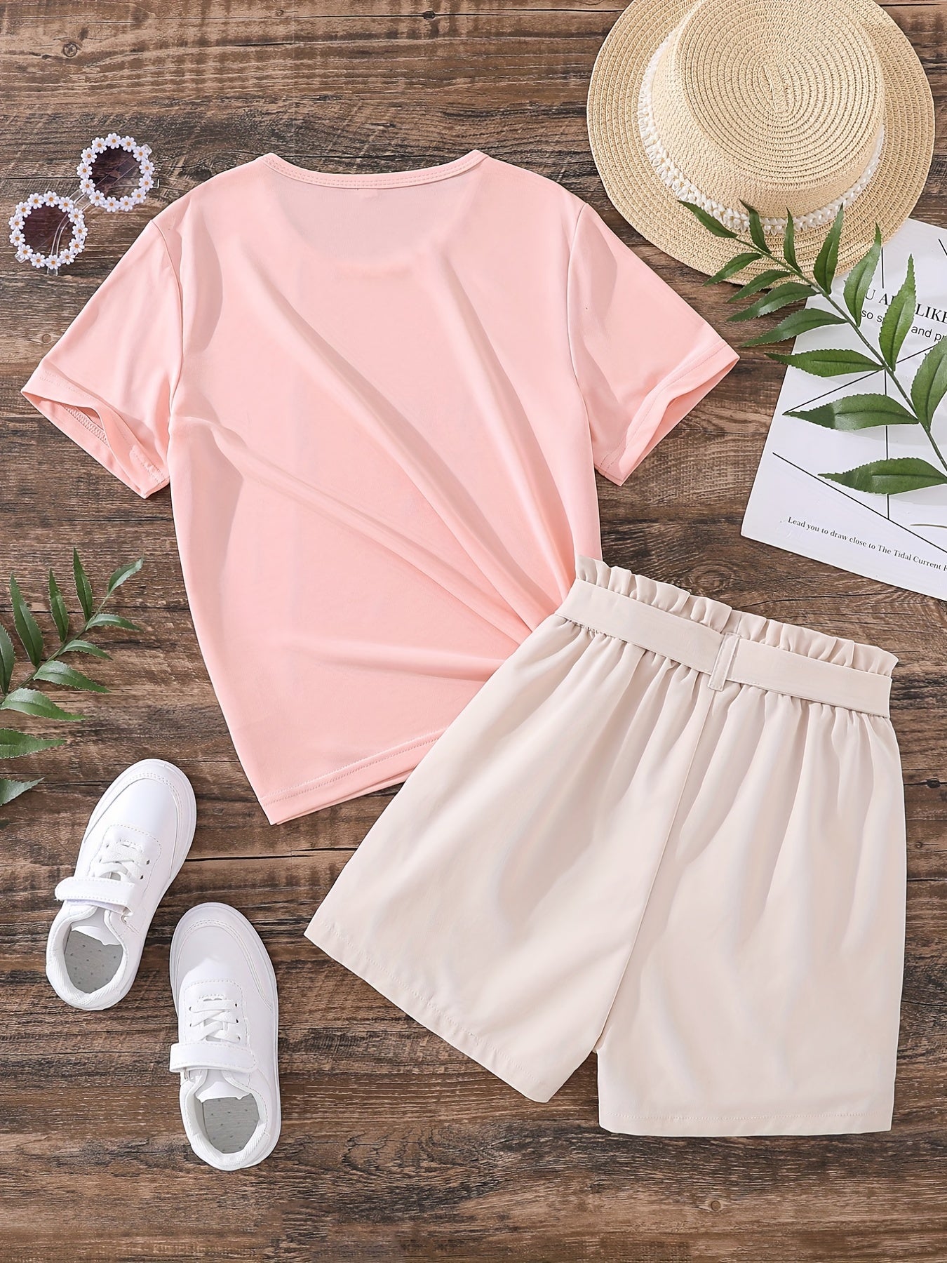 Girls Flowers Graphic Tee & Belted Shorts Set Summer Outfit