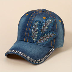 Denim Washed Baseball Cap Butterfly Feather Patch Distressed Casual Dad Hats