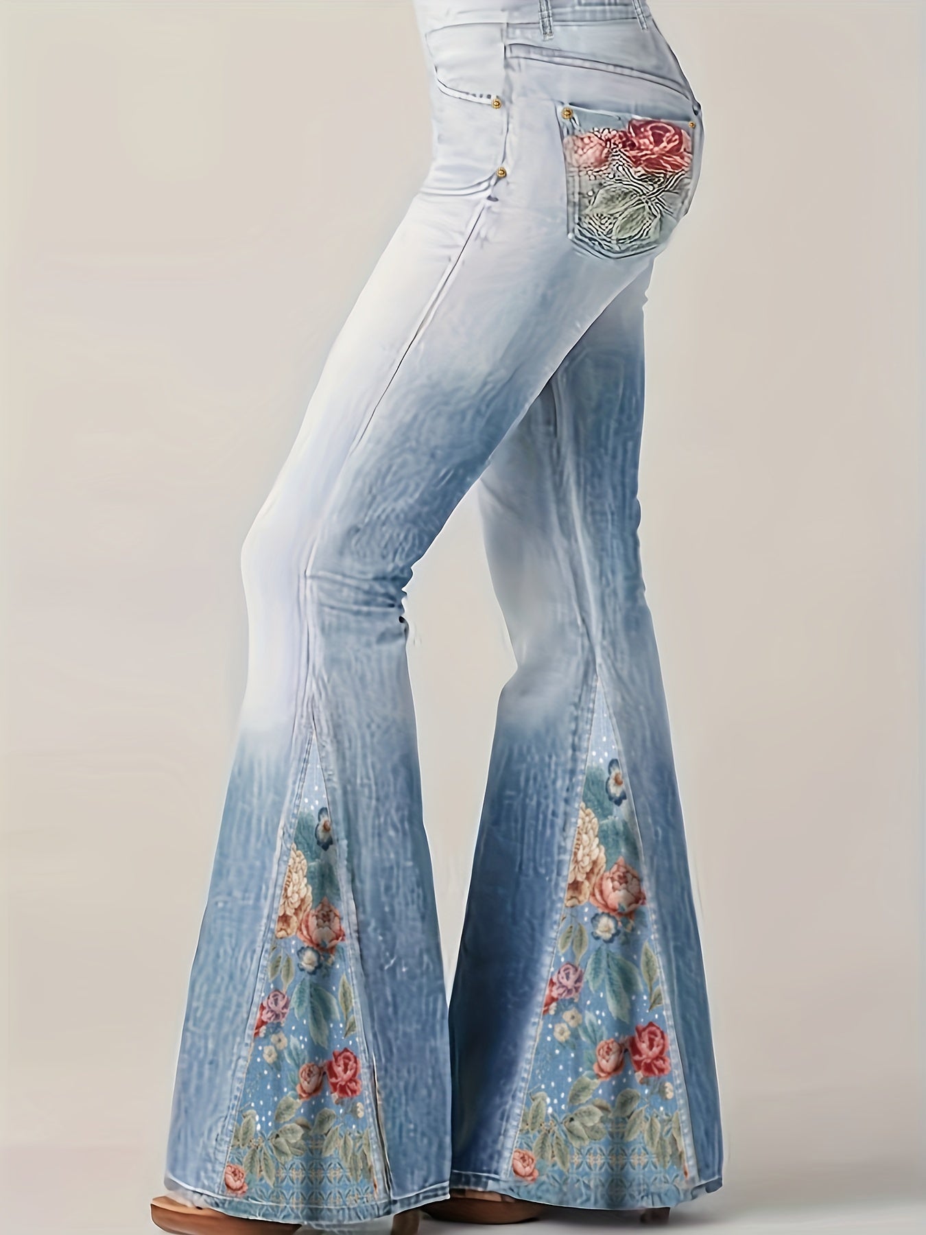  Denim Print Floral Panel Flare Pants