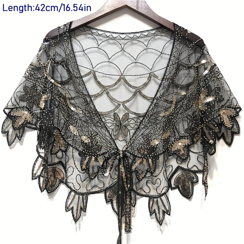 Vintage Sparkly Shawl Wraps Beaded Sequin Boho Evening Cape Mesh