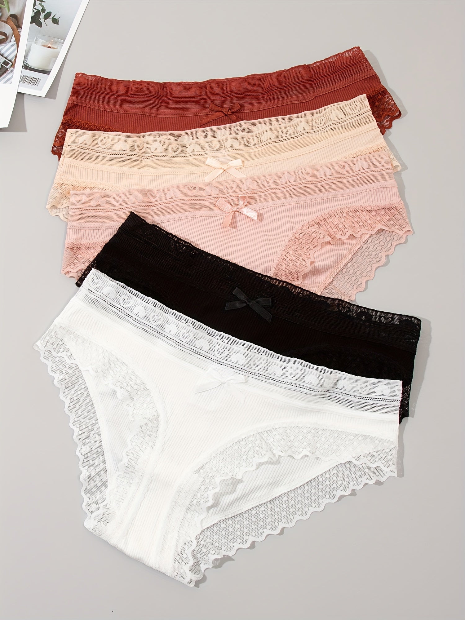 5pcs Lace Trim Ribbed Briefs Stretchy Panties Women's Lingerie