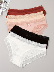 5pcs Lace Trim Ribbed Briefs Stretchy Panties Women's Lingerie