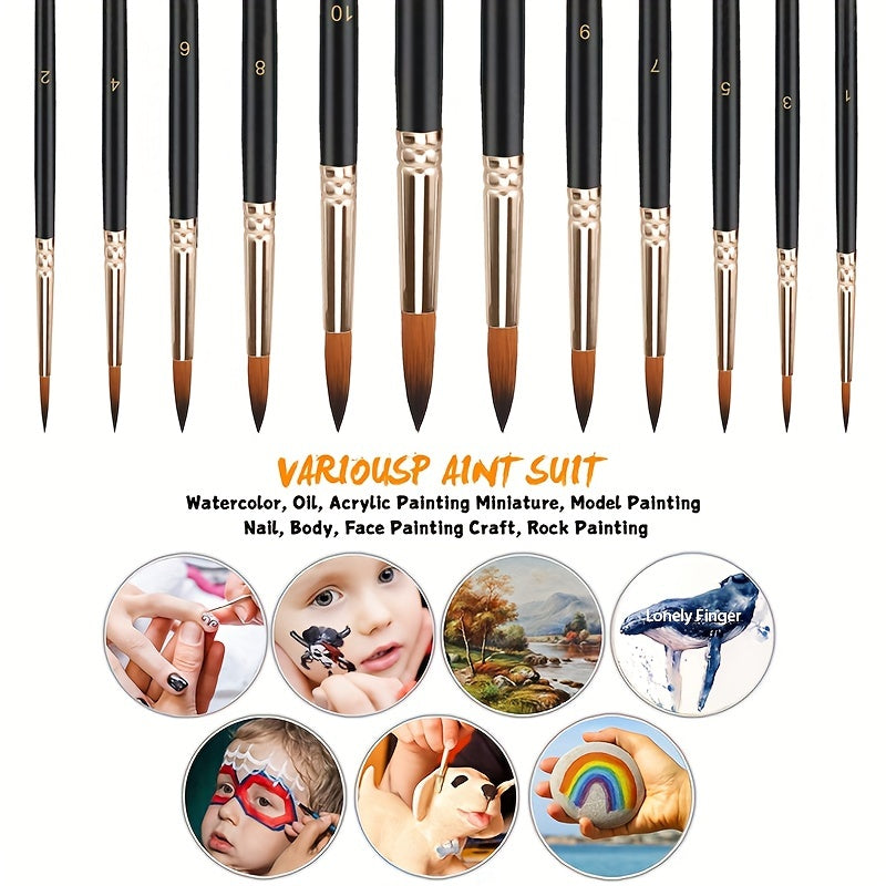 12pcs Professional Paint Brushes Set Round Pointed Tip Nylon Hair Acrylic Brush