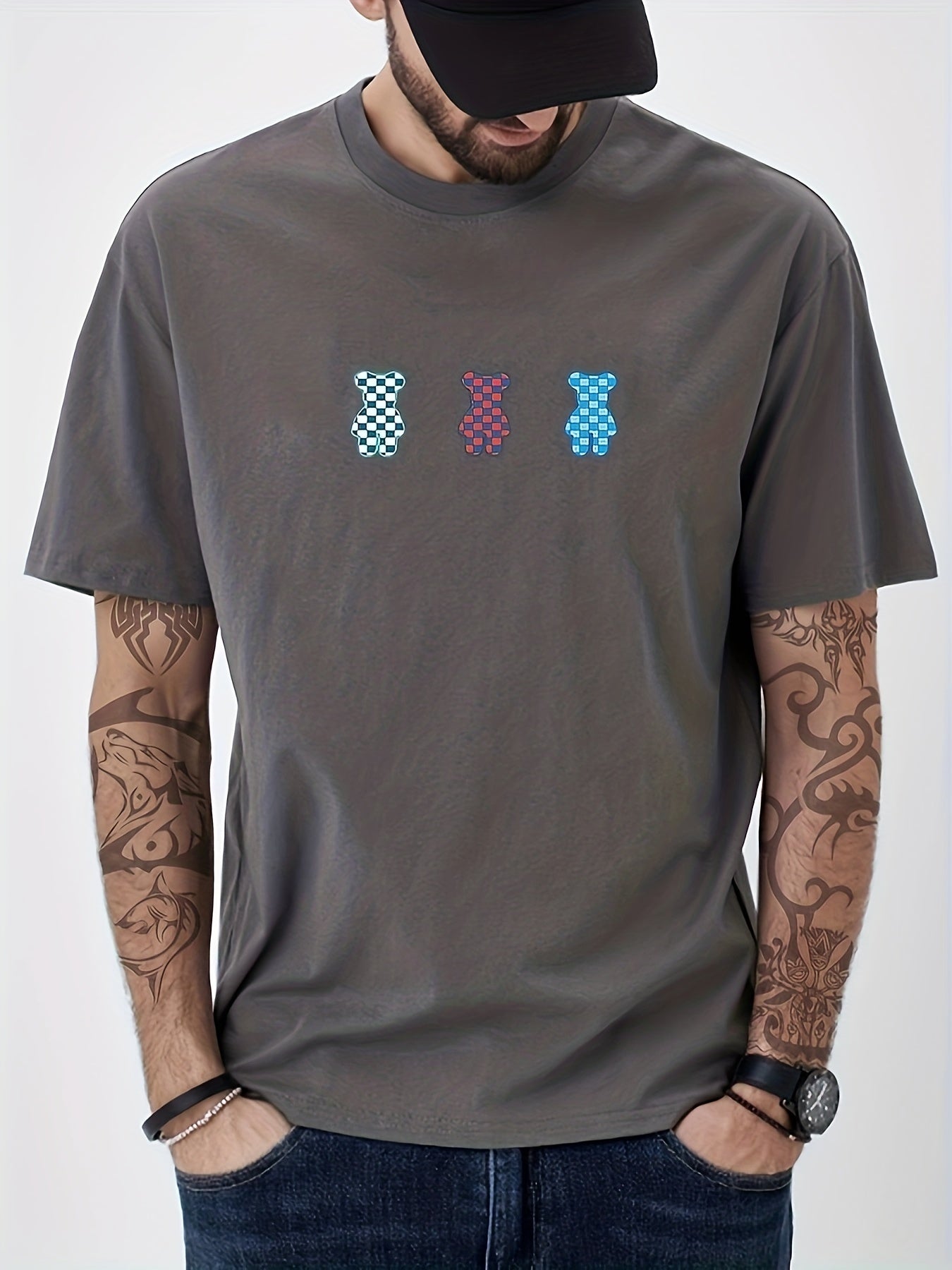 Cotton Bear Print Men's Graphic Crew Neck T shirt for Summer