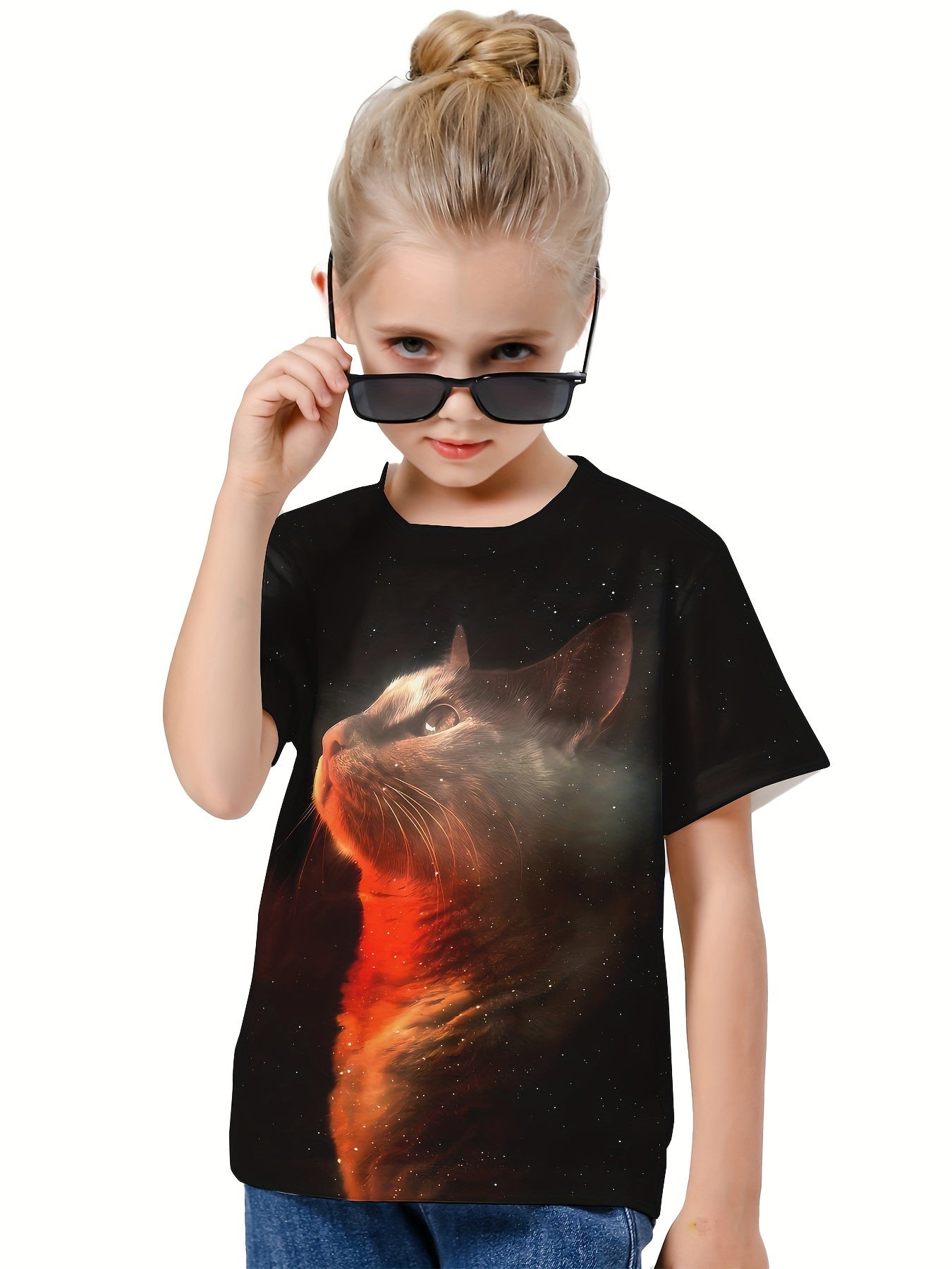 3D Cat Graphic Crew Neck Short Sleeve T shirt for Girls