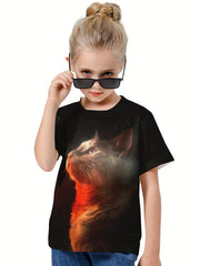 3D Cat Graphic Crew Neck Short Sleeve T shirt for Girls