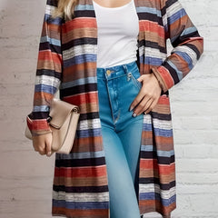  Colorblock Stripe Print Open Front Cardigan