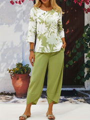 Plant Print 3/4 Sleeve Crew Neck Two Piece Set