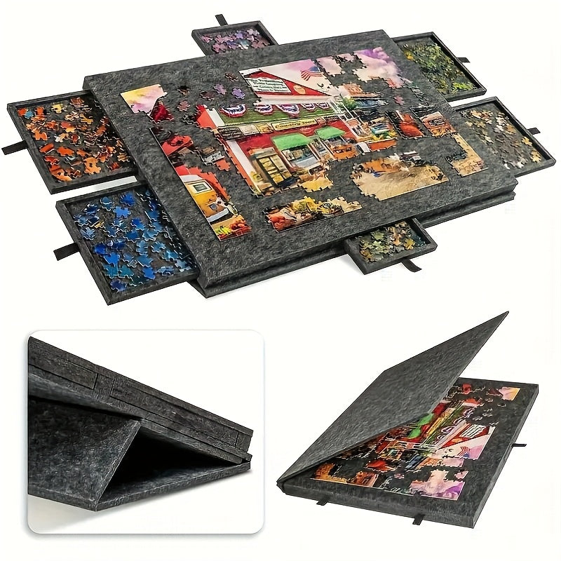 6-in-1 Puzzle Table with 6 Drawers, Felt Puzzle Board, Portable Stand Lid