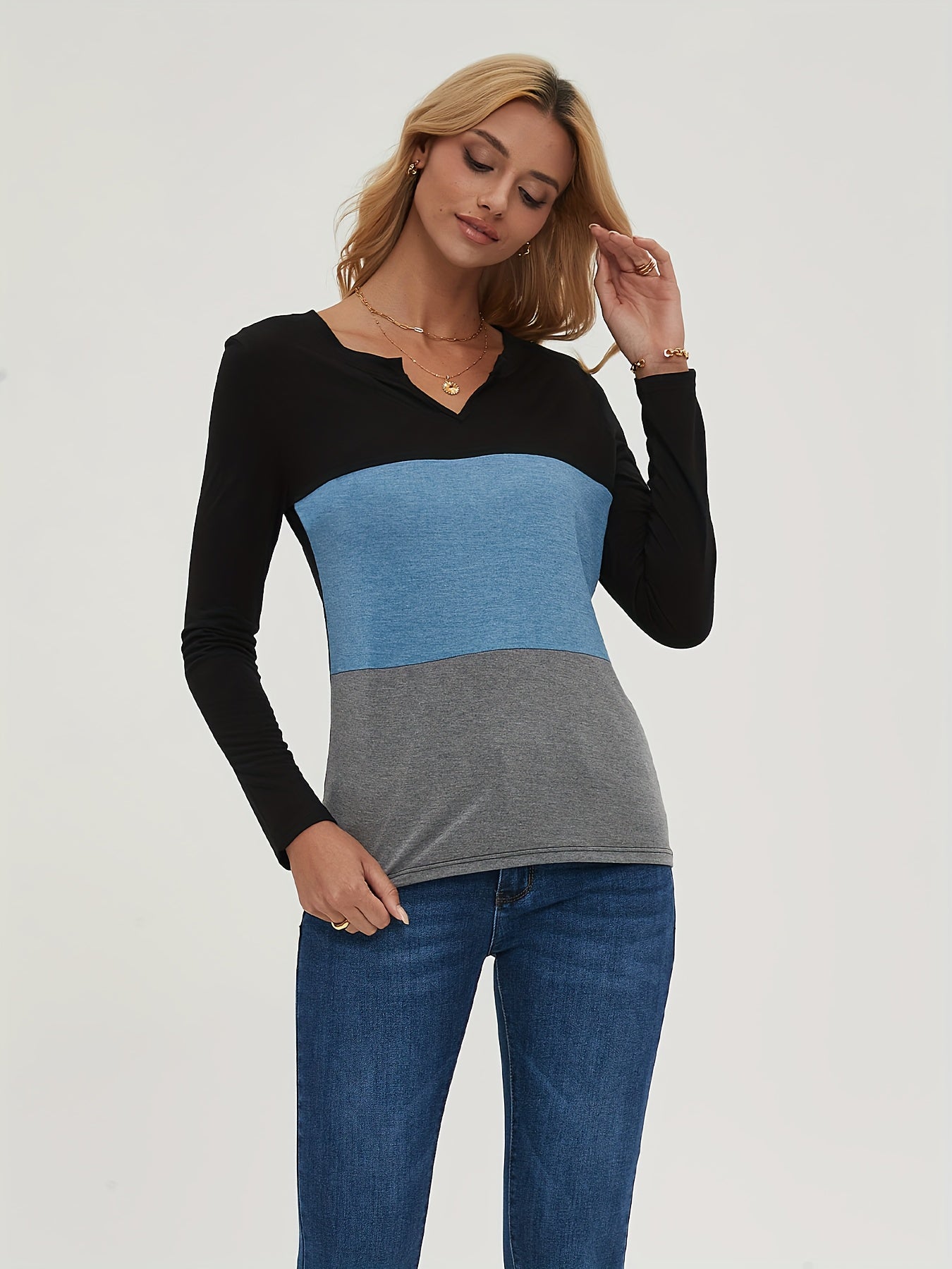 Block Long Sleeve V Neck Pullover Tops Women's Tops