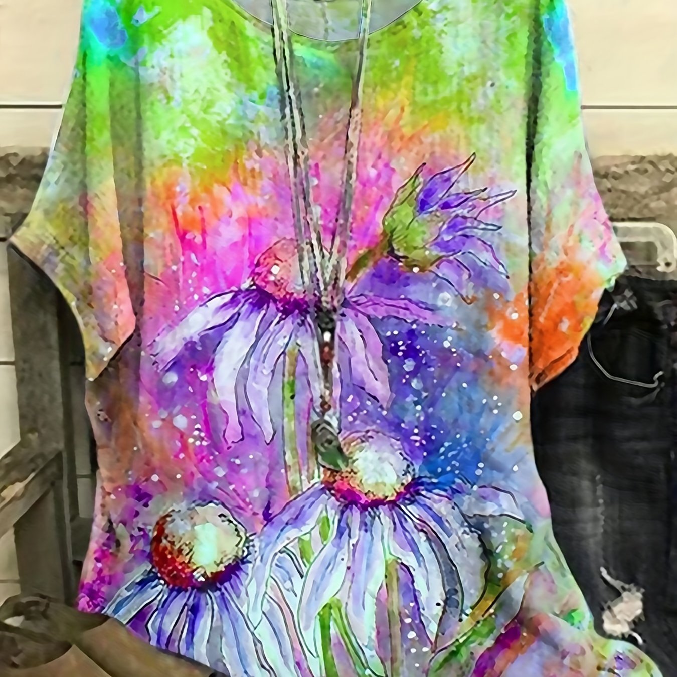  Tie Dye Floral Print Short Sleeve Top