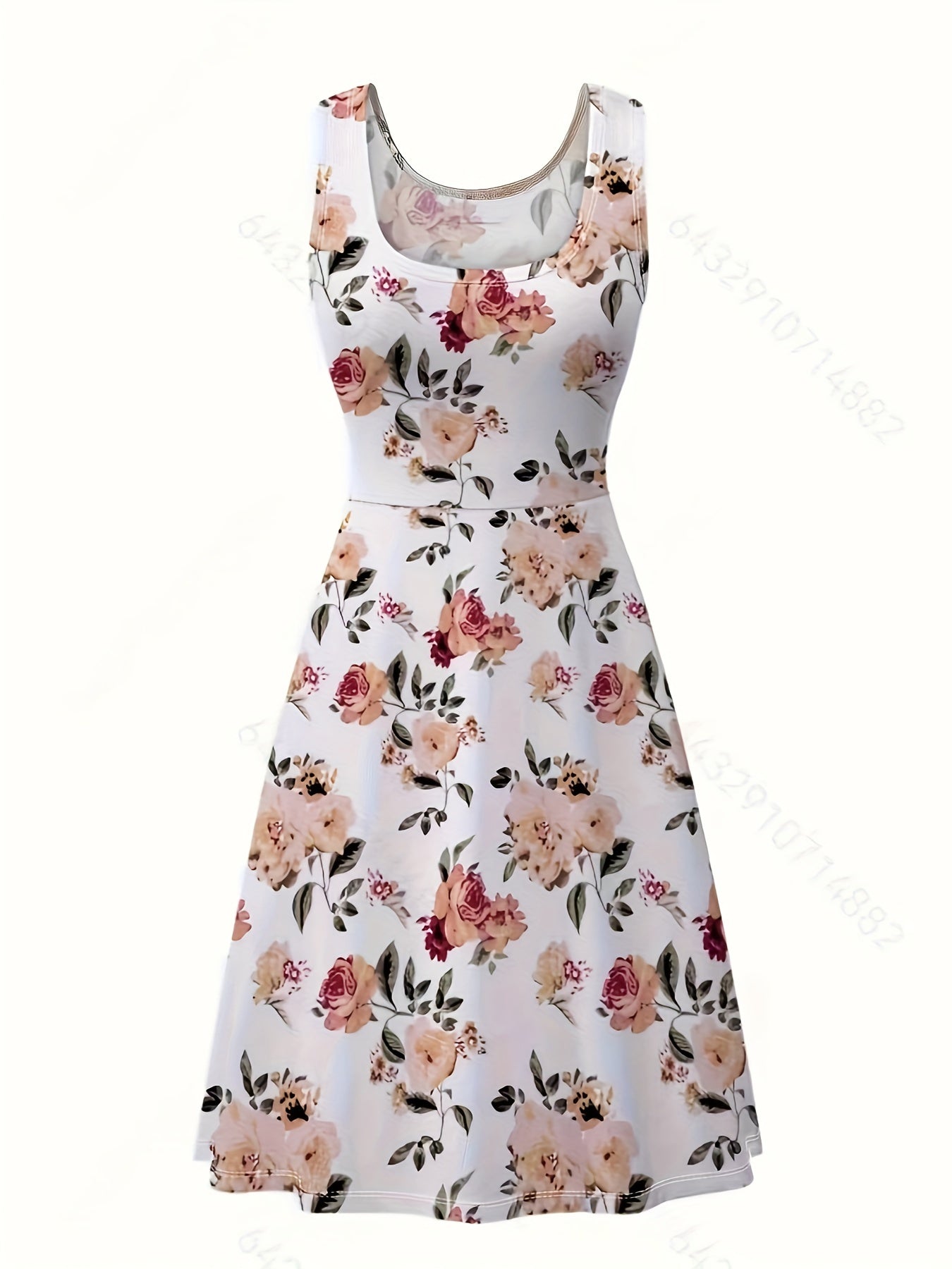  Floral Print Round Neck Stretch Tank Dress