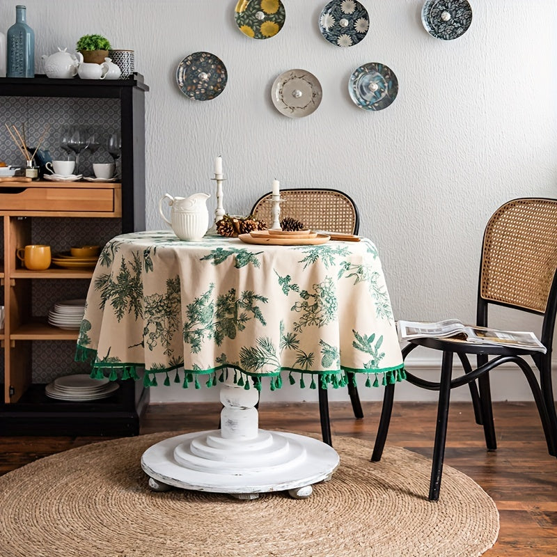 Green Pine Cone Print Round Fringed Tablecloth