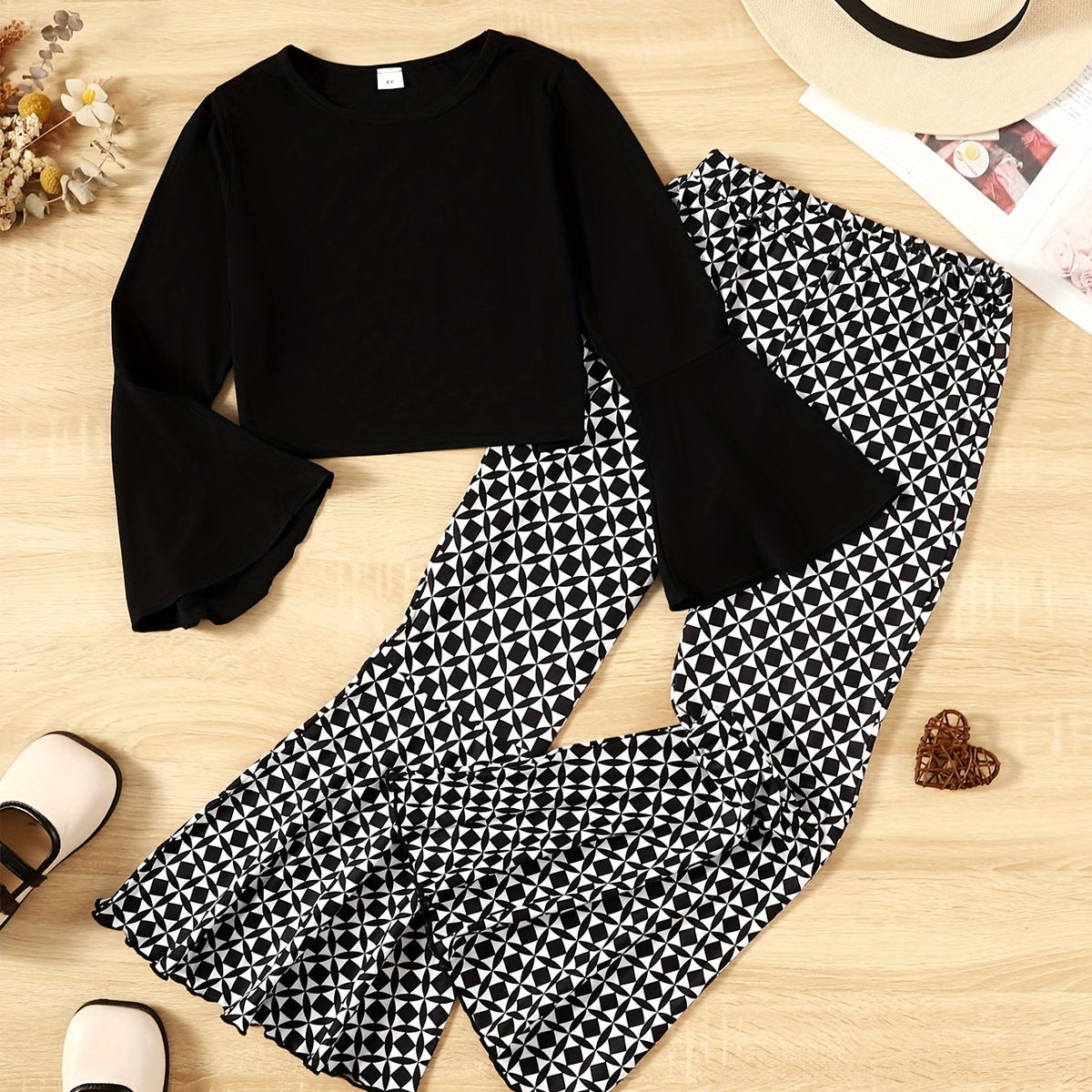 Girls 2 Pack Long Sleeve Top & Geometric Flare Pants