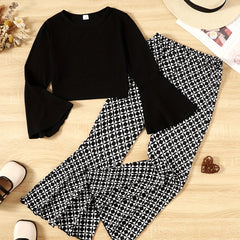 Girls 2 Pack Long Sleeve Top & Geometric Flare Pants